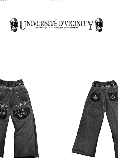 DETW onLine Washed Distressed Embroidered Skull Leather Double Waist Women&