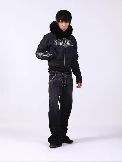 DETW onLine Washed Distressed Fur Trim Knight Eagle Women&