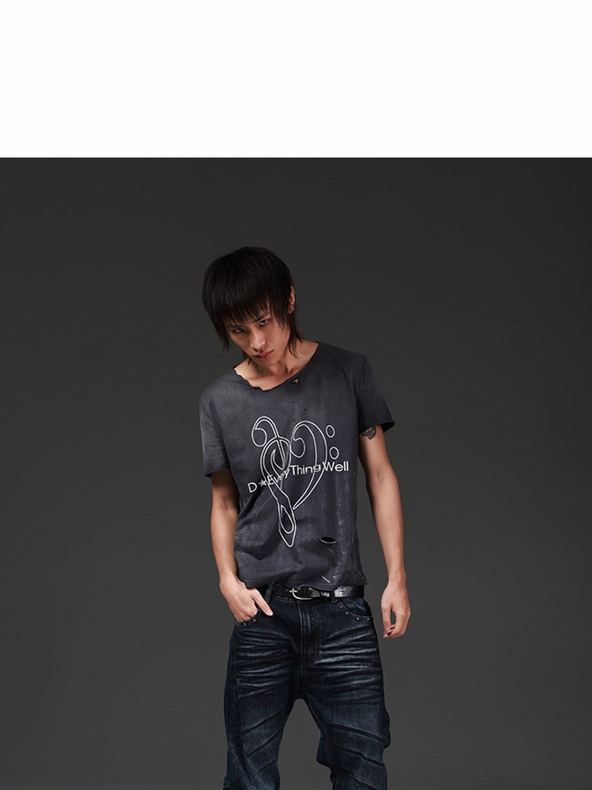 DETW onLine Washed Distressed Music Note Print Women&