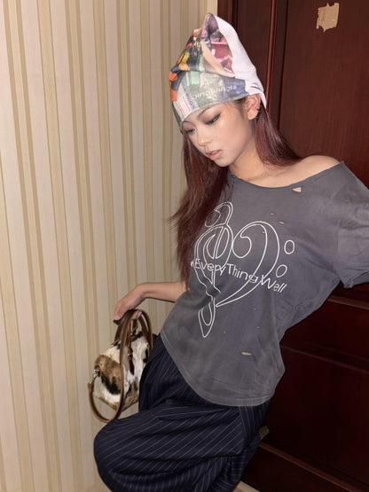 DETW onLine Washed Distressed Music Note Print Women&