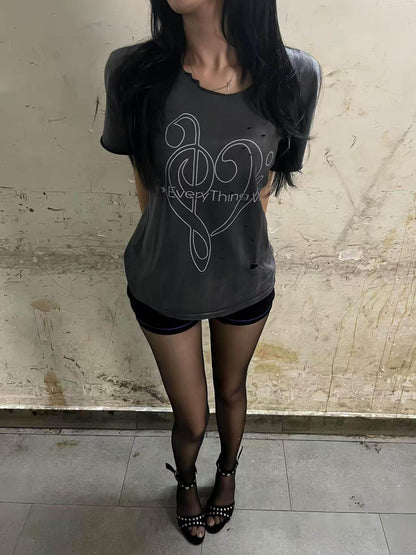 DETW onLine Washed Distressed Music Note Print Women&