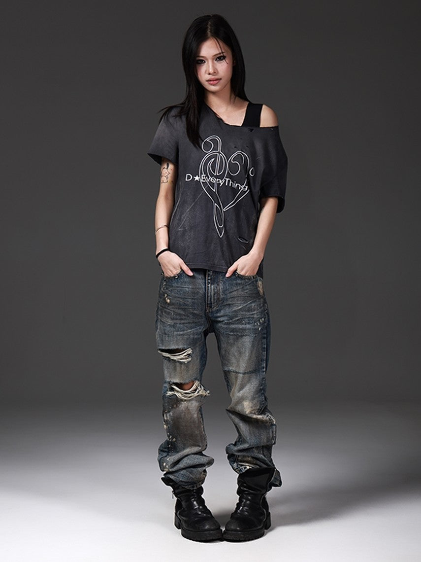 DETW onLine Washed Distressed Music Note Print Women&