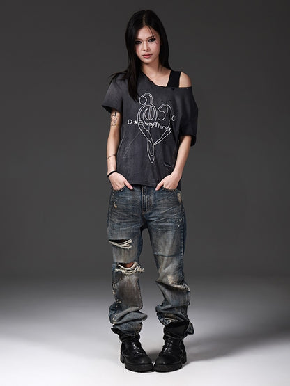 DETW onLine Washed Distressed Music Note Print Women&