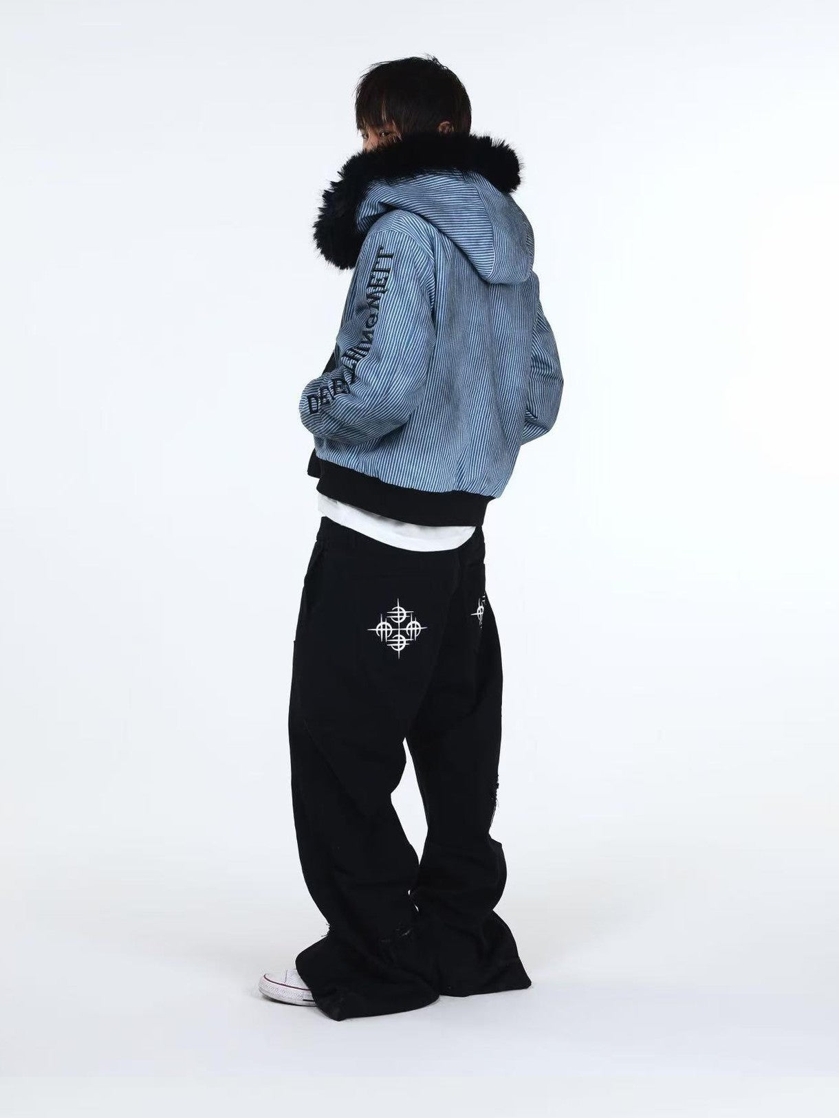 DETW onLine Washed Distressed Striped Embroidered Hooded Women&