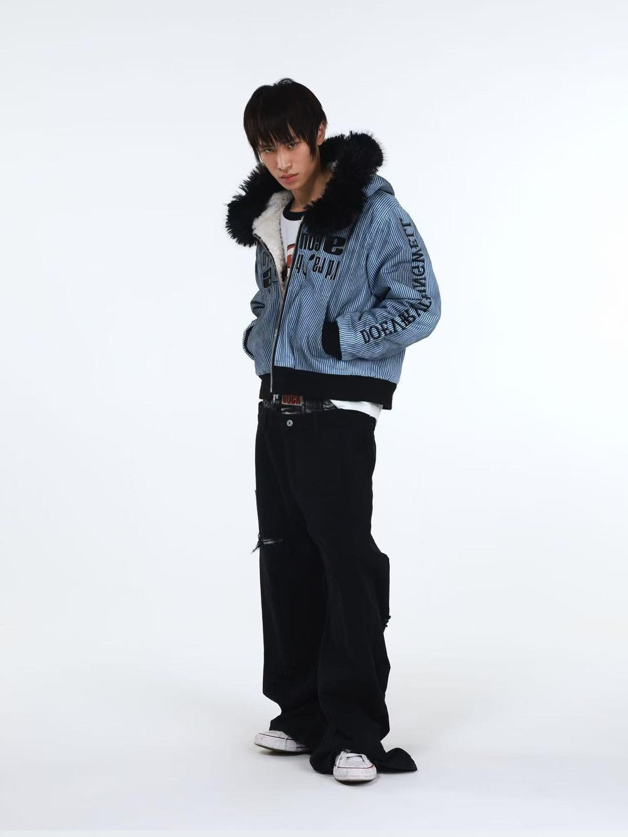 DETW onLine Washed Distressed Striped Embroidered Hooded Women&