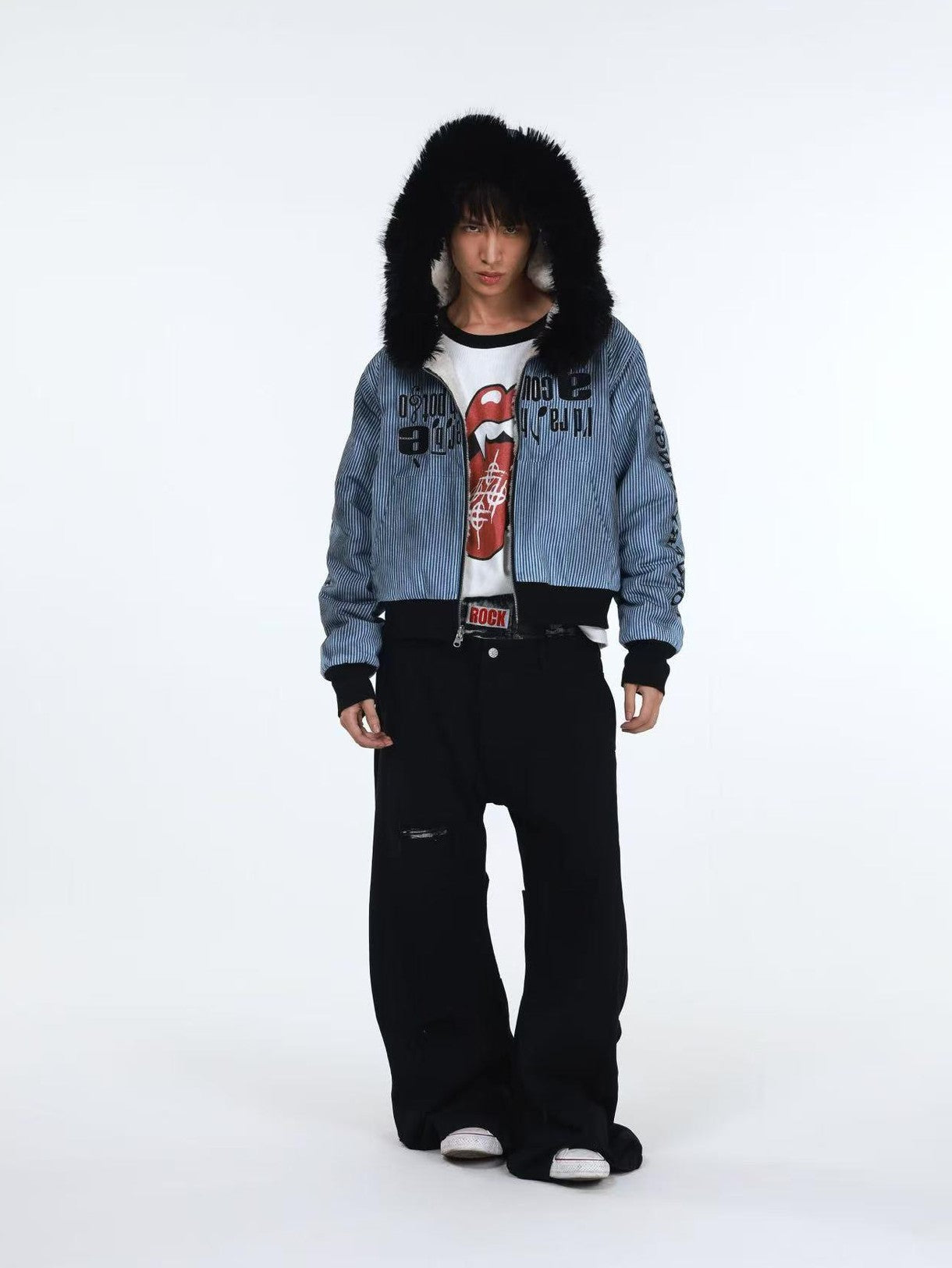 DETW onLine Washed Distressed Striped Embroidered Hooded Women&