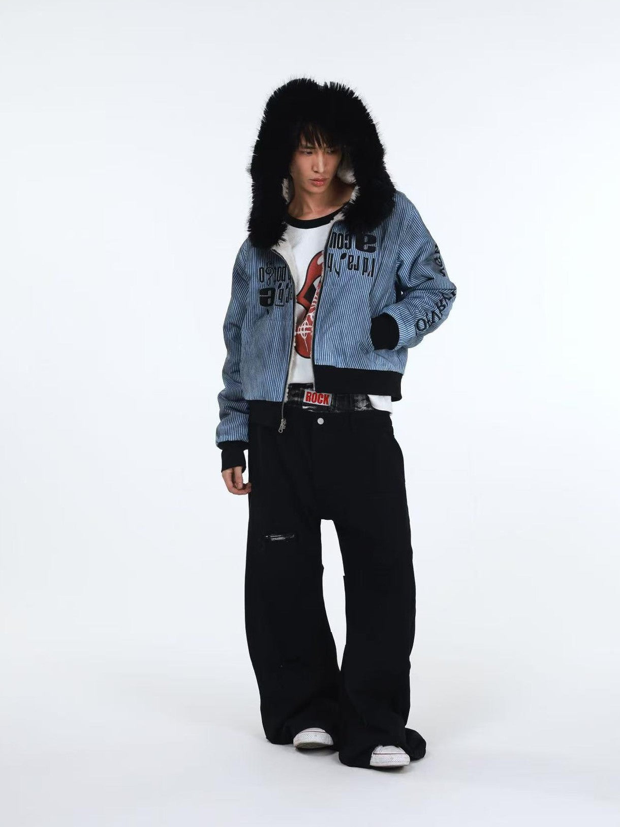 DETW onLine Washed Distressed Striped Embroidered Hooded Women&