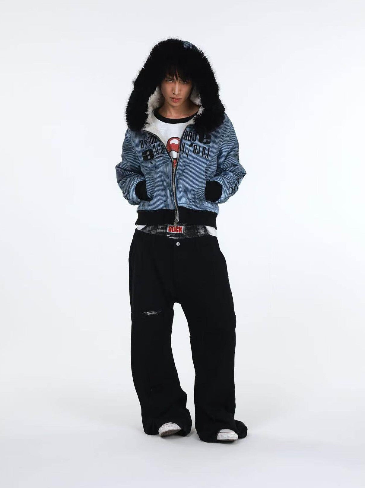 DETW onLine Washed Distressed Striped Embroidered Hooded Women&