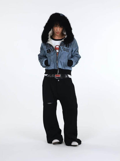 DETW onLine Washed Distressed Striped Embroidered Hooded Women&