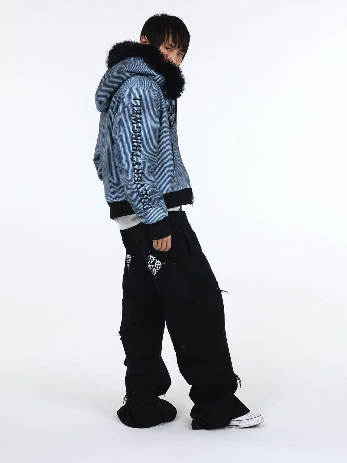 DETW onLine Washed Distressed Striped Embroidered Hooded Women&