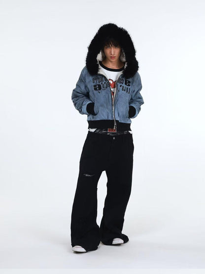 DETW onLine Washed Distressed Striped Embroidered Hooded Women&