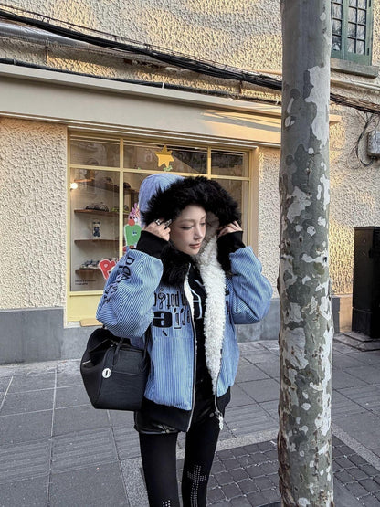 DETW onLine Washed Distressed Striped Embroidered Hooded Women&
