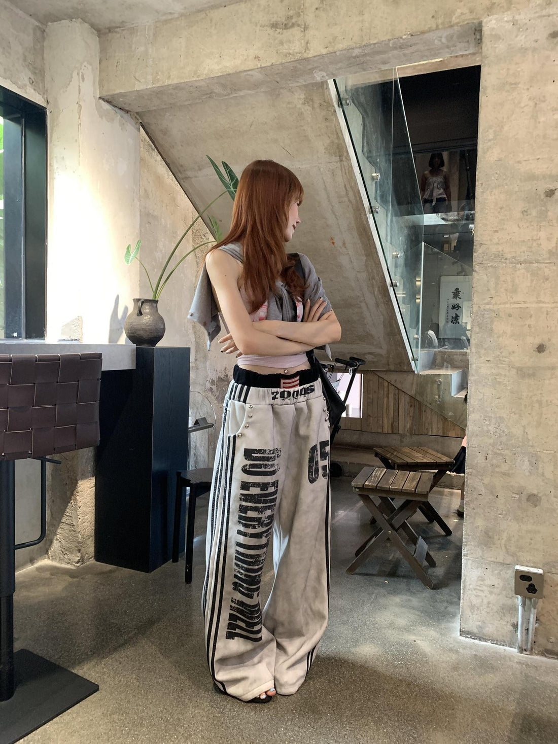 DETW onLine Washed Patchwork Double Waist Webbing Straight Leg Women&