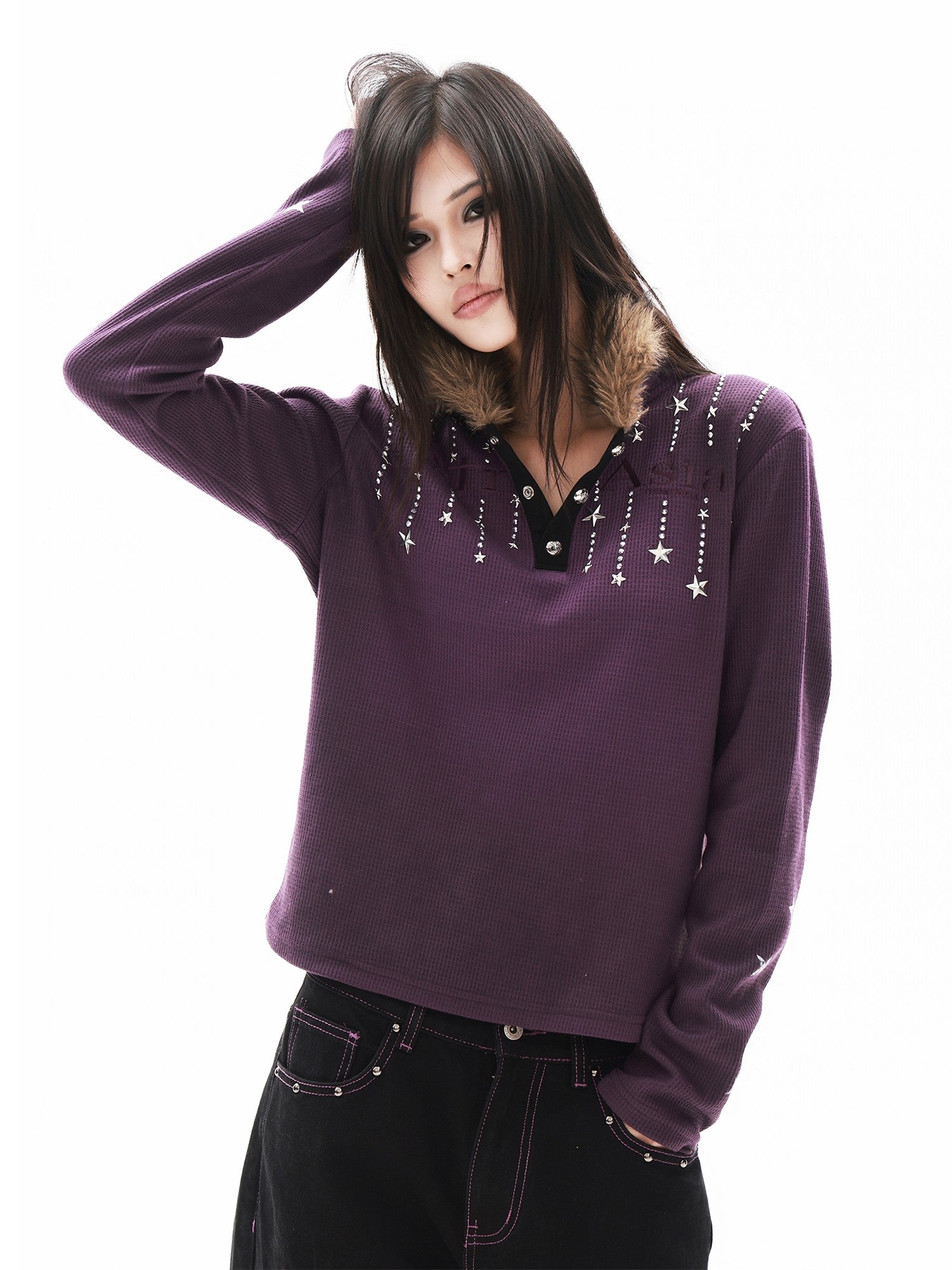 DETW onLine Washed Purple Fur Collar Rhinestone Embroidered Women&