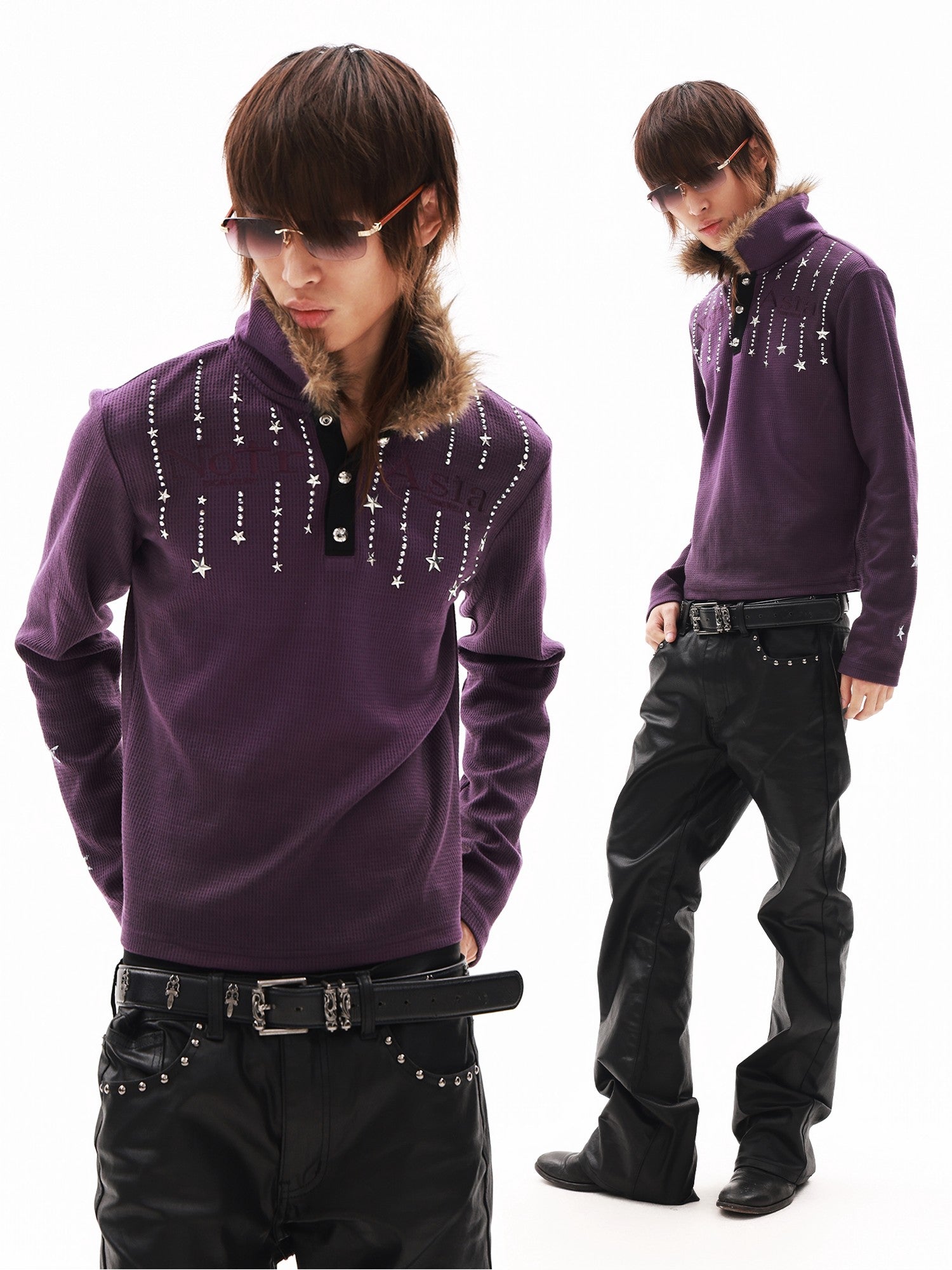 DETW onLine Washed Purple Fur Collar Rhinestone Embroidered Women&