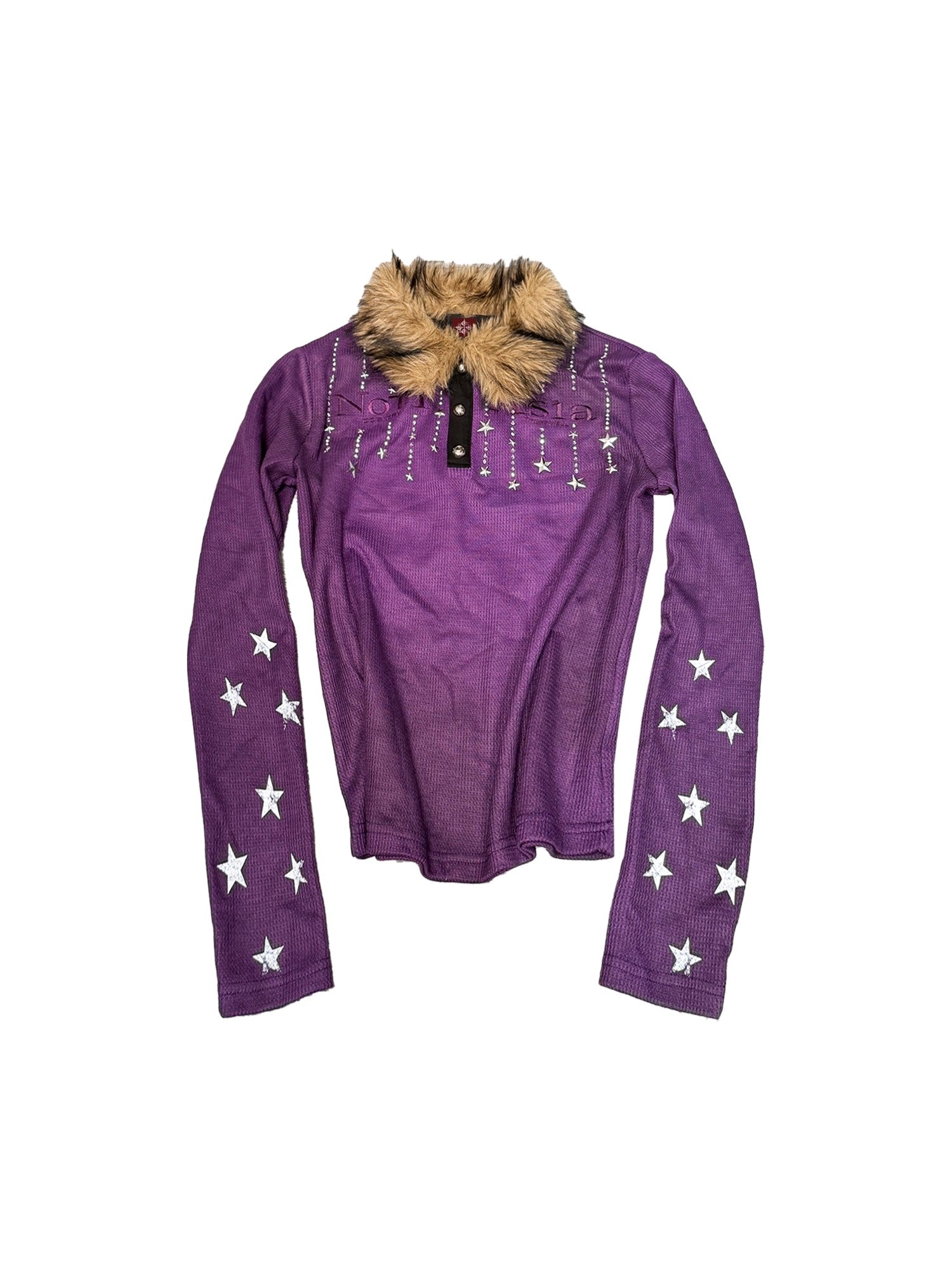 DETW onLine Washed Purple Fur Collar Rhinestone Embroidered Women&
