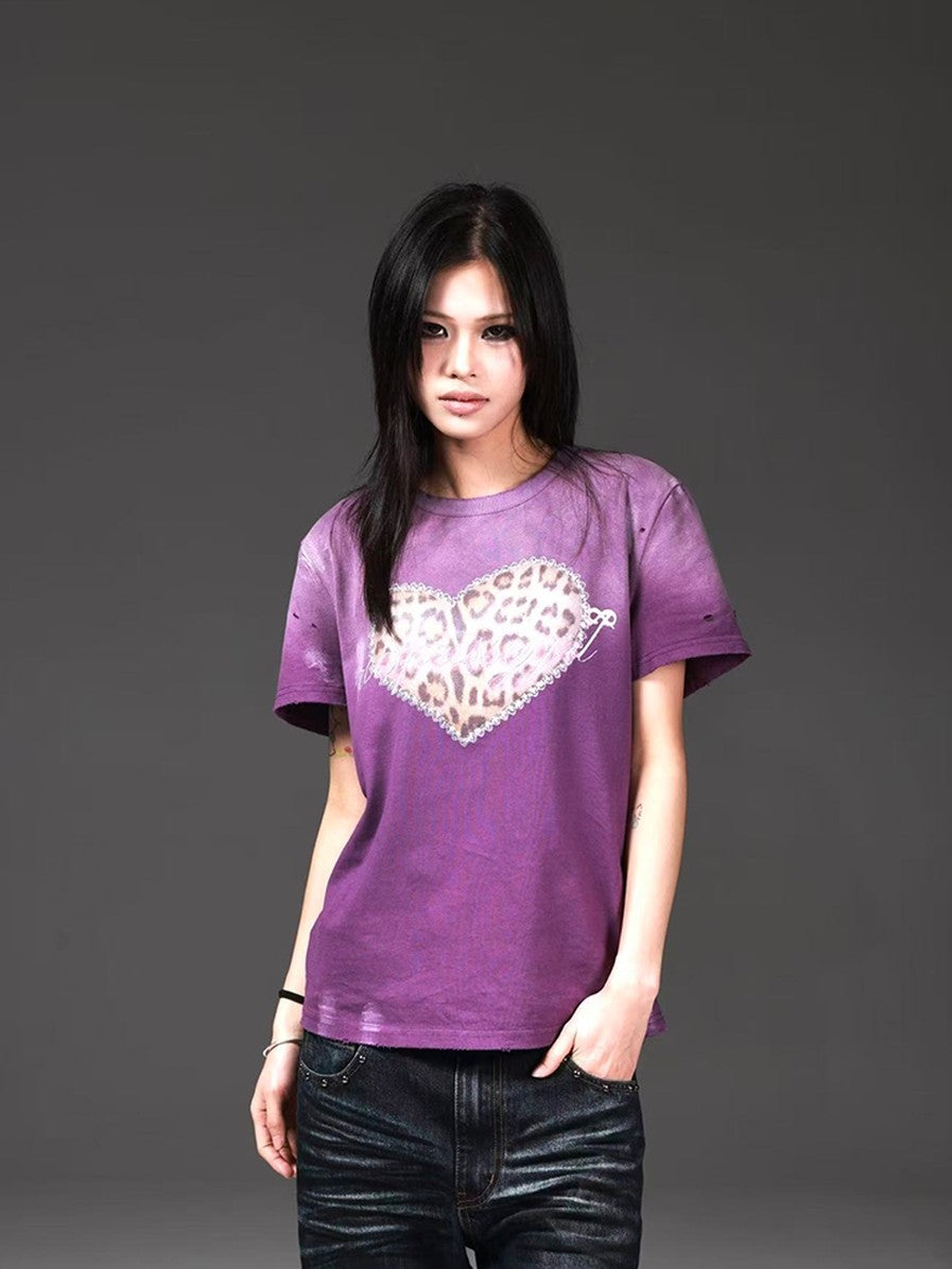 DETW onLine Washed Purple Leopard Heart Print Distressed Women&