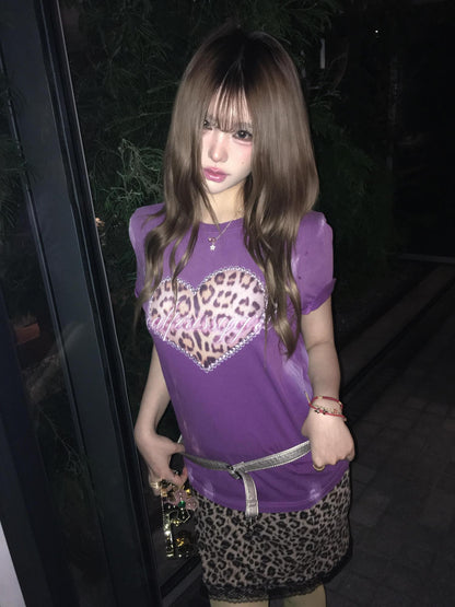 DETW onLine Washed Purple Leopard Heart Print Distressed Women&