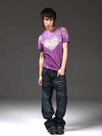 DETW onLine Washed Purple Leopard Heart Print Distressed Women&