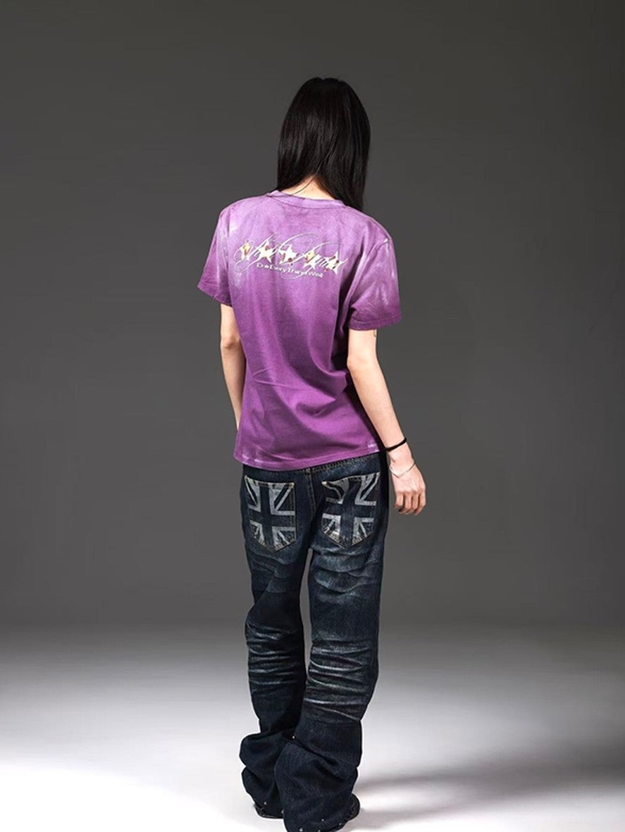 DETW onLine Washed Purple Leopard Heart Print Distressed Women&
