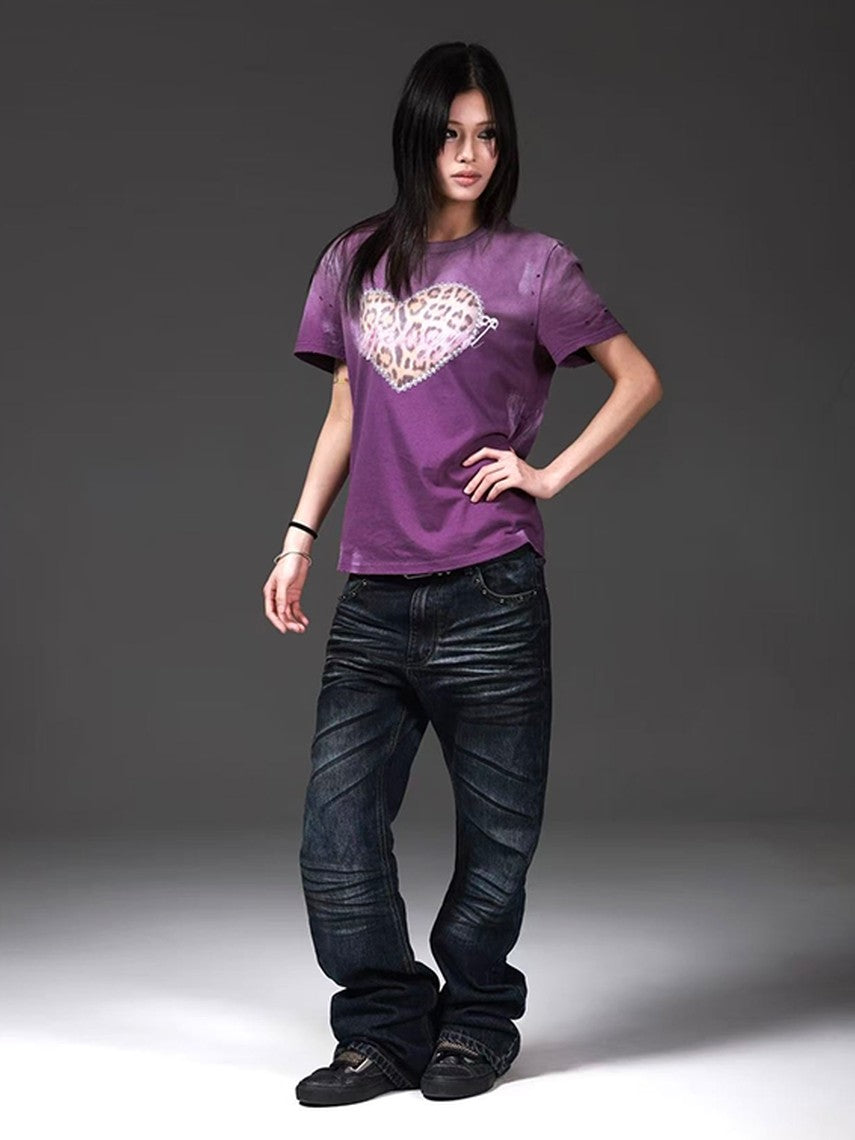 DETW onLine Washed Purple Leopard Heart Print Distressed Women&