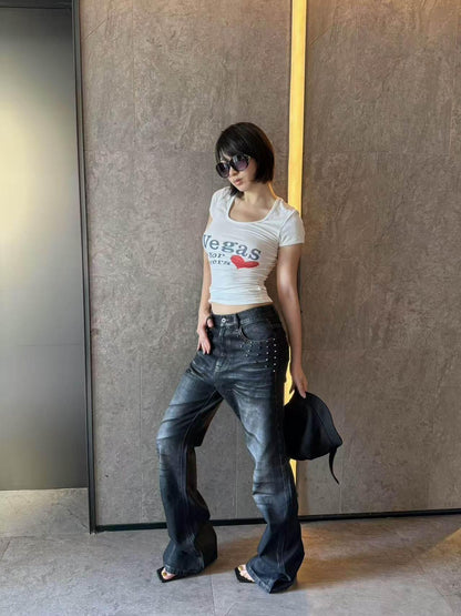 DETW onLine Washed Waxed Claw Print Rivets Stacked Women&