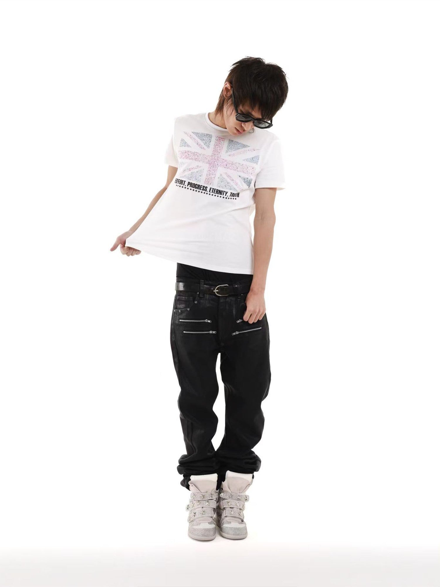 DETW onLine White Rhinestone Glitter Union Jack Print Women&