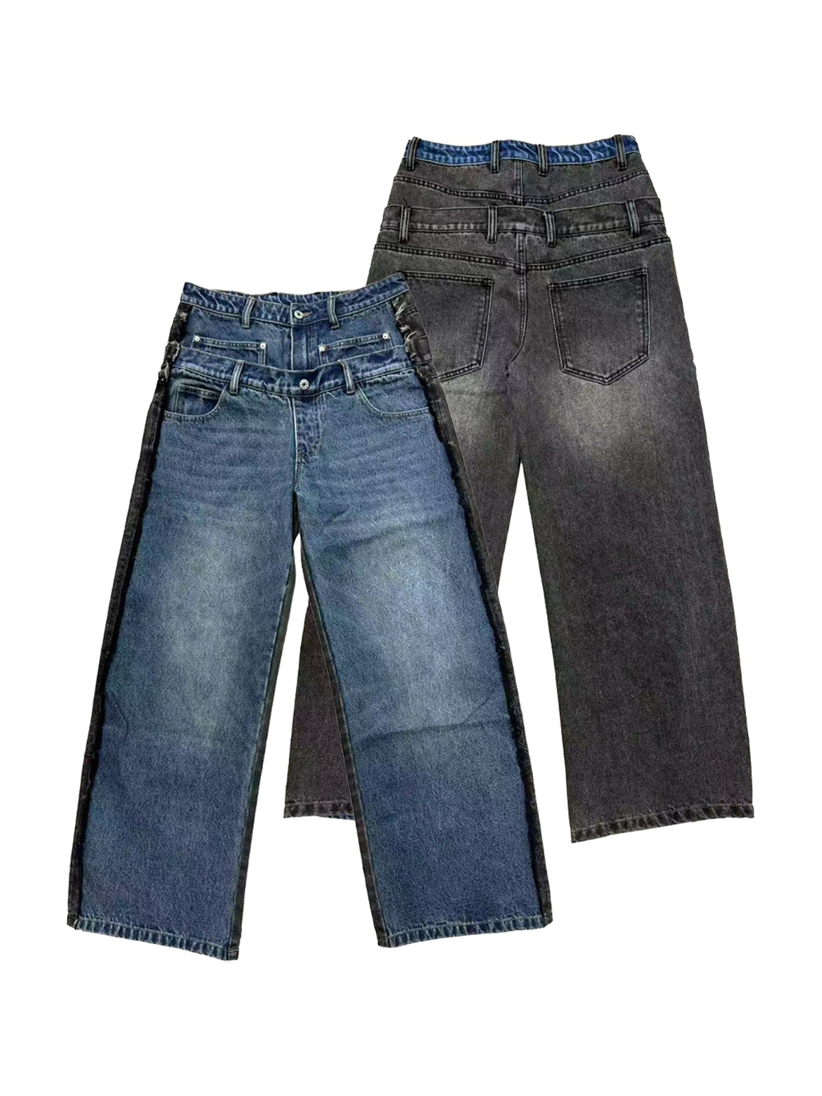 DETW_online_Baggy_Contrast_Patchwork_Double_Waist_Whisker_Wash_Women&