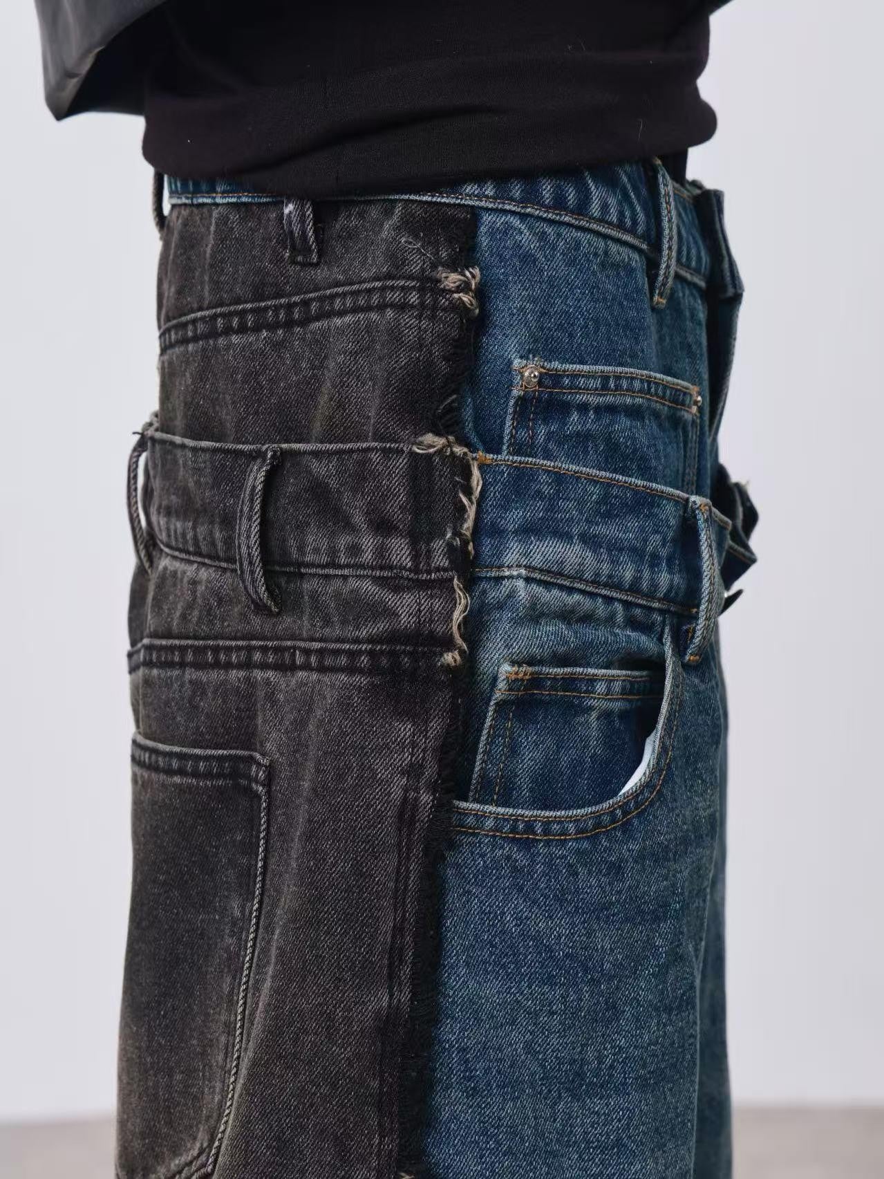 DETW online Baggy Contrast Patchwork Double Waist Whisker Wash Women&