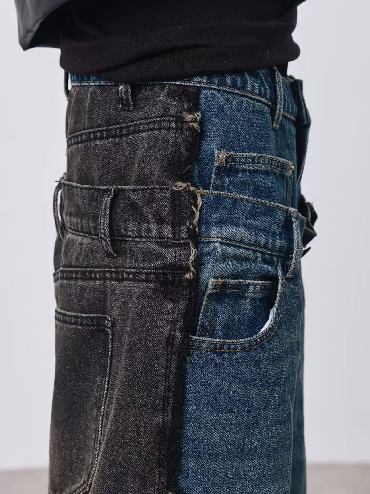 DETW online Baggy Contrast Patchwork Double Waist Whisker Wash Women&