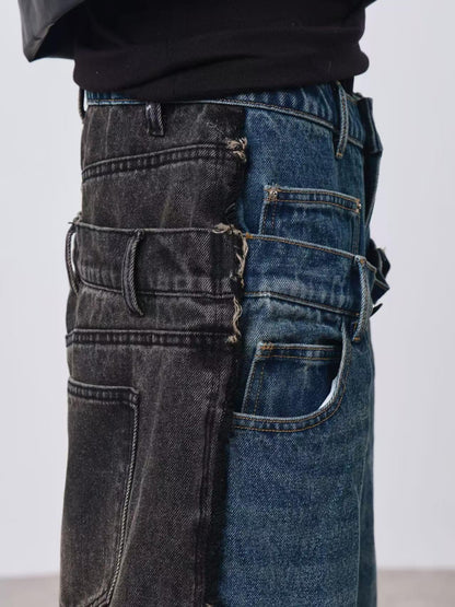 DETW online Baggy Contrast Patchwork Double Waist Whisker Wash Women&