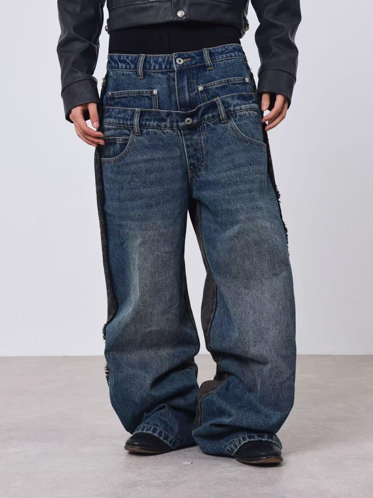 DETW online Baggy Contrast Patchwork Double Waist Whisker Wash Women&