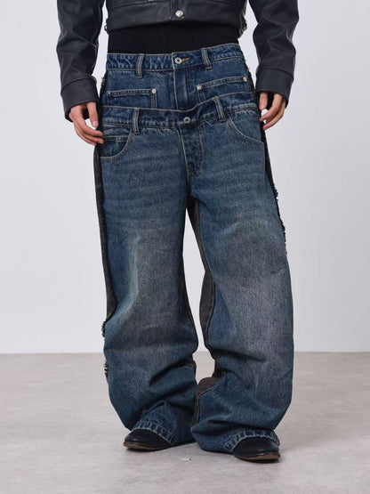 DETW online Baggy Contrast Patchwork Double Waist Whisker Wash Women&