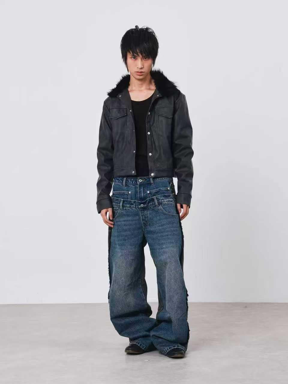 DETW online Baggy Contrast Patchwork Double Waist Whisker Wash Women&