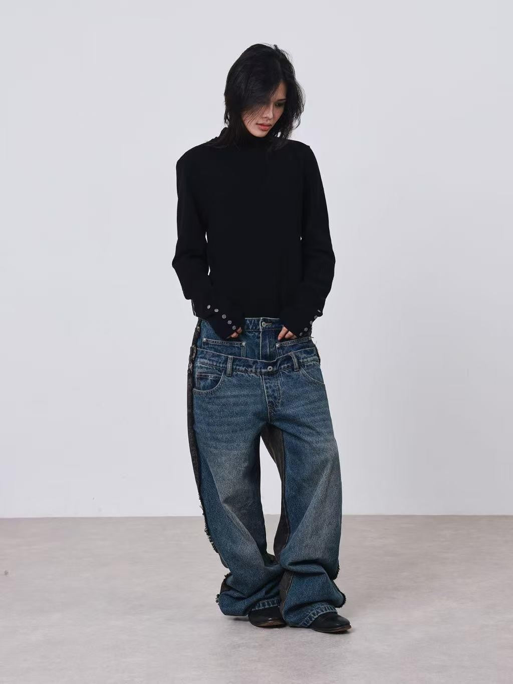 DETW online Baggy Contrast Patchwork Double Waist Whisker Wash Women&