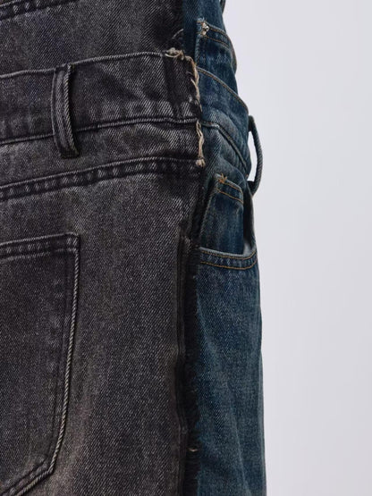 DETW online Baggy Contrast Patchwork Double Waist Whisker Wash Women&