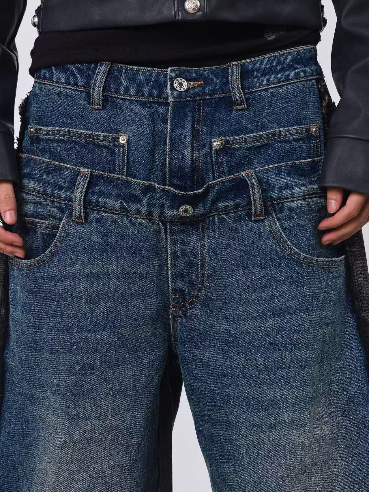 DETW online Baggy Contrast Patchwork Double Waist Whisker Wash Women&