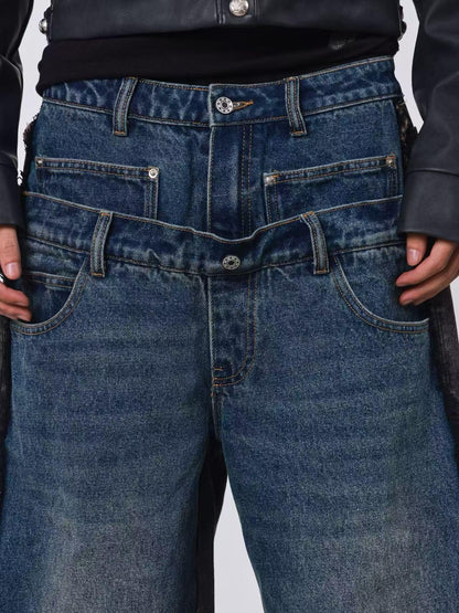 DETW online Baggy Contrast Patchwork Double Waist Whisker Wash Women&