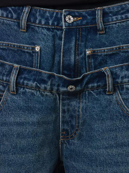 DETW online Baggy Contrast Patchwork Double Waist Whisker Wash Women&