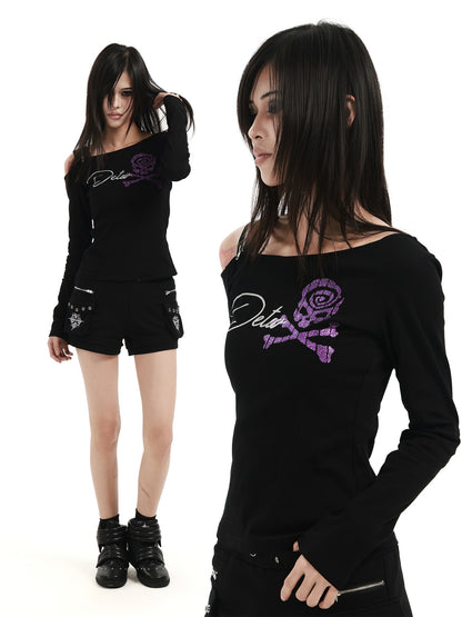 DETW online Black Skull Glitter Print Zipper Asymmetric Women&
