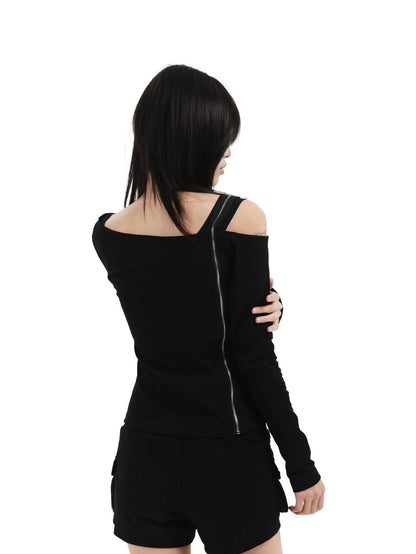 DETW online Black Skull Glitter Print Zipper Asymmetric Women&