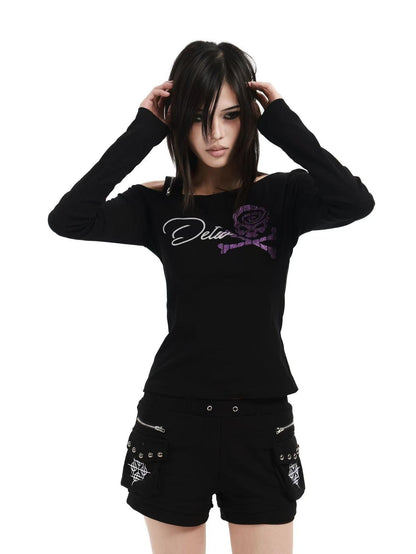 DETW online Black Skull Glitter Print Zipper Asymmetric Women&