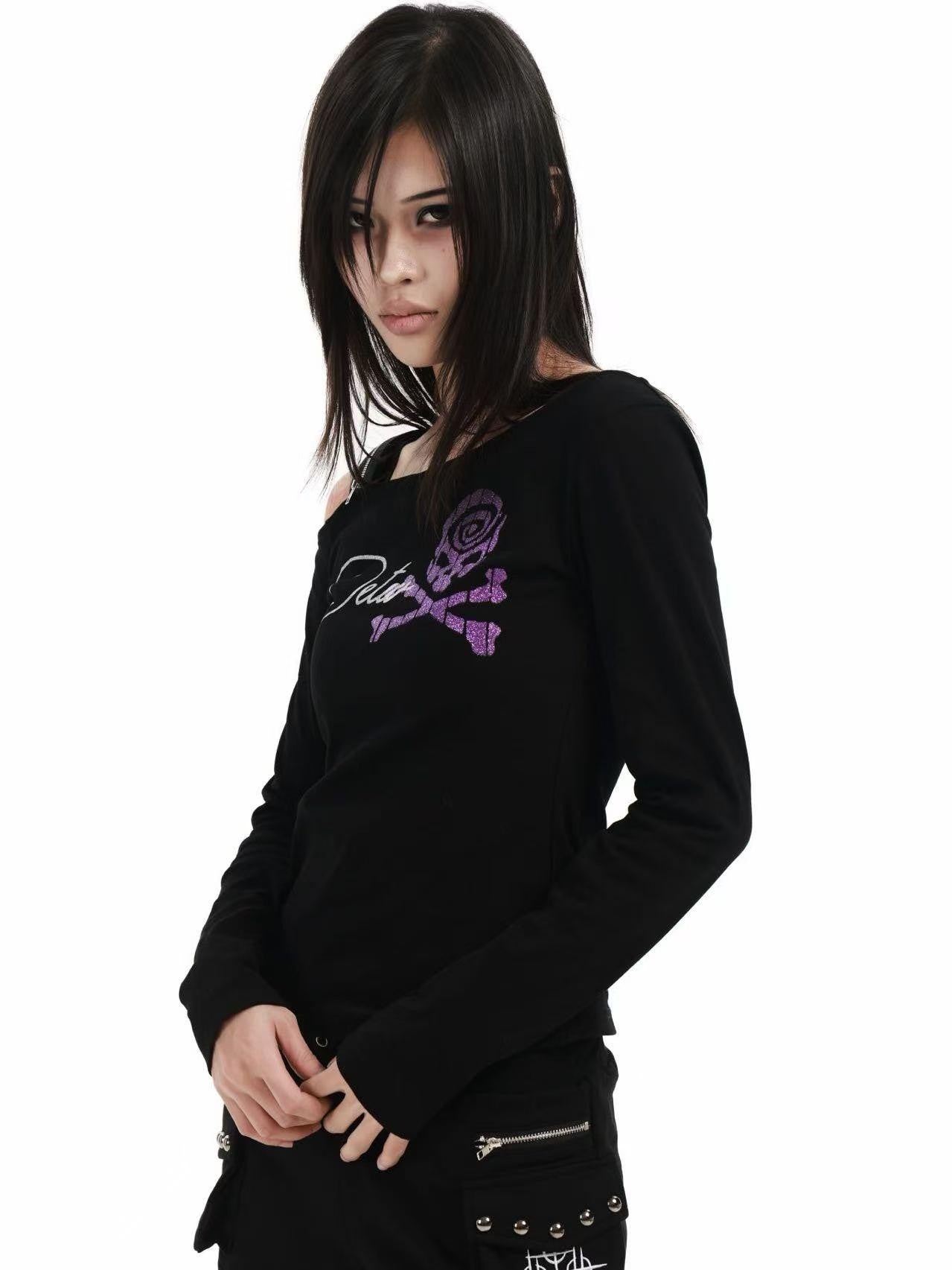 DETW online Black Skull Glitter Print Zipper Asymmetric Women&