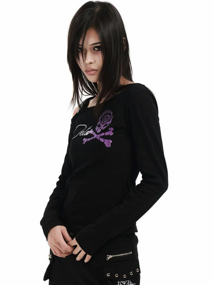 DETW online Black Skull Glitter Print Zipper Asymmetric Women&