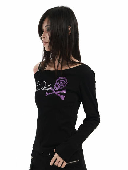 DETW online Black Skull Glitter Print Zipper Asymmetric Women&