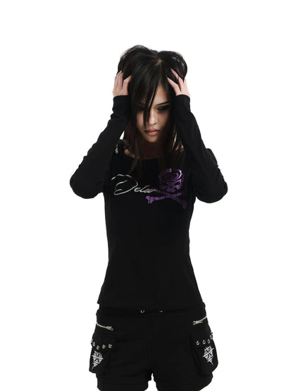 DETW online Black Skull Glitter Print Zipper Asymmetric Women&