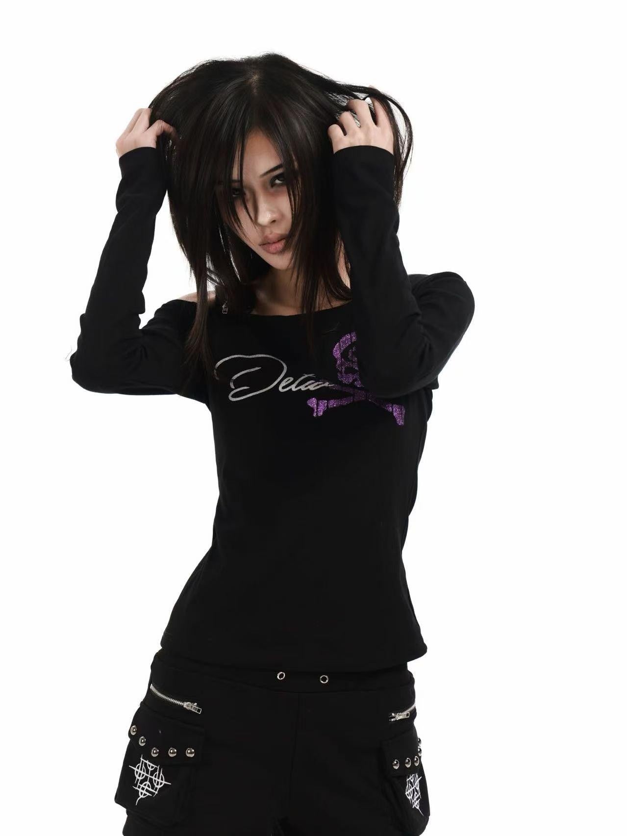 DETW online Black Skull Glitter Print Zipper Asymmetric Women&