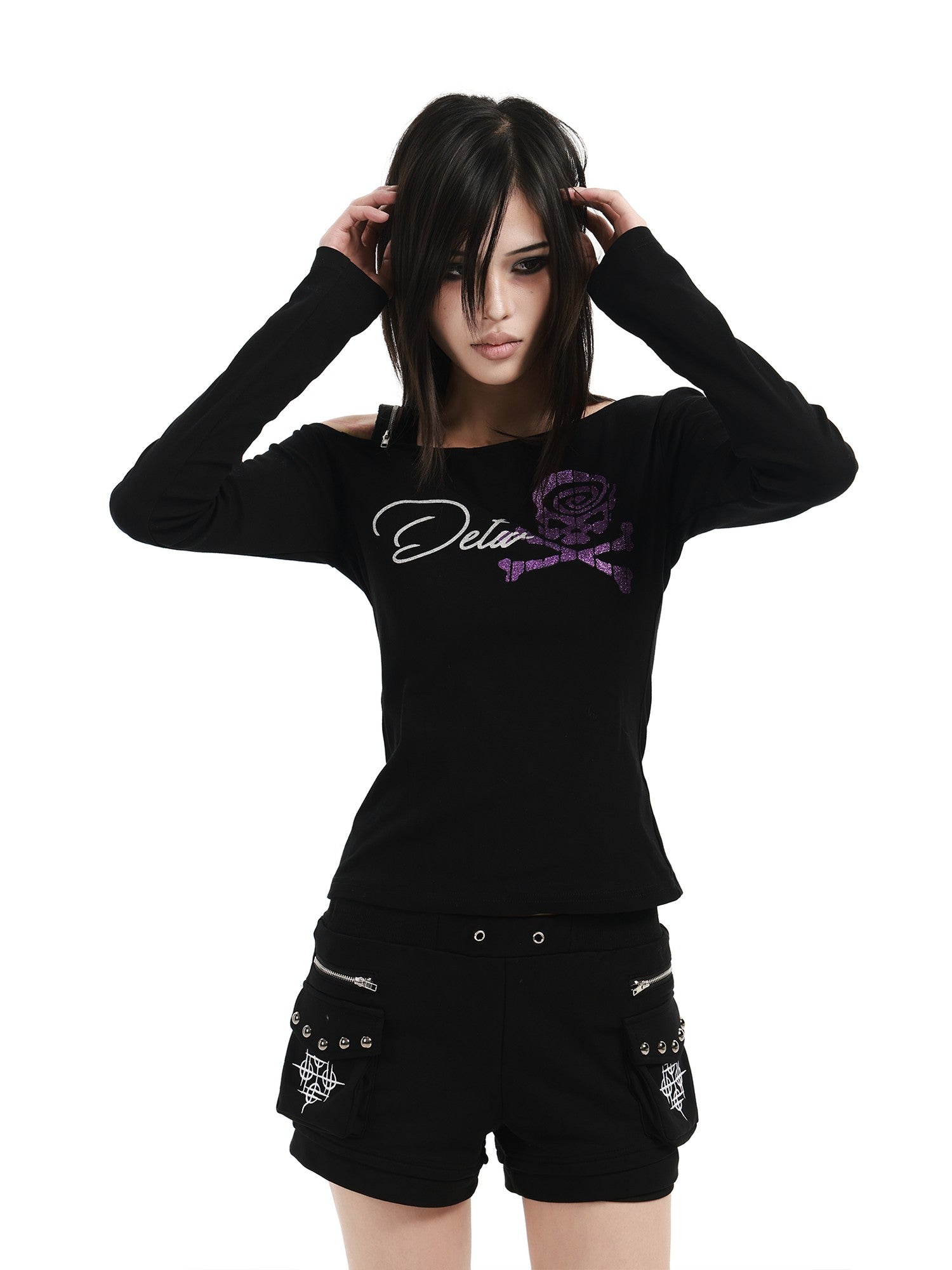 DETW online Black Skull Glitter Print Zipper Asymmetric Women&