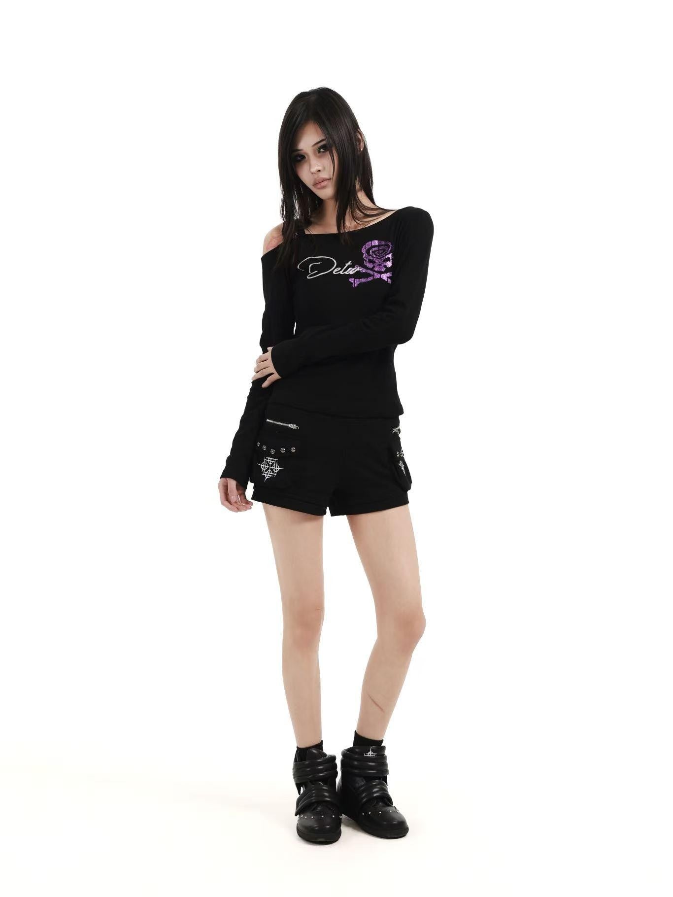 DETW online Black Skull Glitter Print Zipper Asymmetric Women&