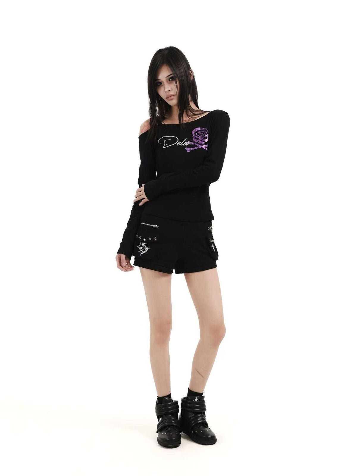 DETW online Black Skull Glitter Print Zipper Asymmetric Women&
